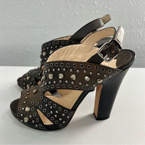 Prada Leather Studded Strappy Chocolate Block Heel Sandal Size 38.5 (US 8) - Picture 7 of 12